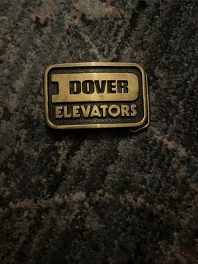 Dover Elevators Brass Logo Belt Buckle - Gold & Black